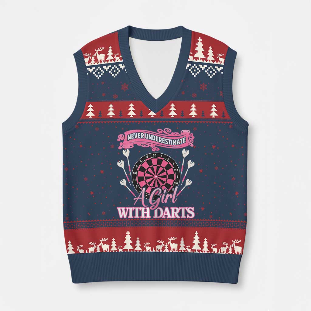 Never Underestimate A Girl Dart Player Gift Idea V-Neck Knit Sweater Vest - Wonder Print Shop