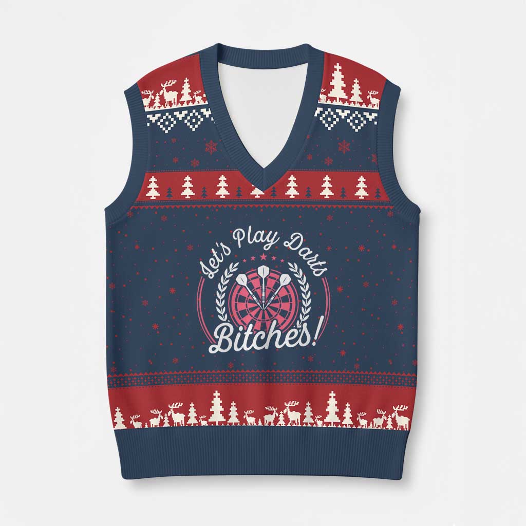 Lets Play Darts Bitches V-Neck Knit Sweater Vest Funny Female Dartist Gift - Wonder Print Shop