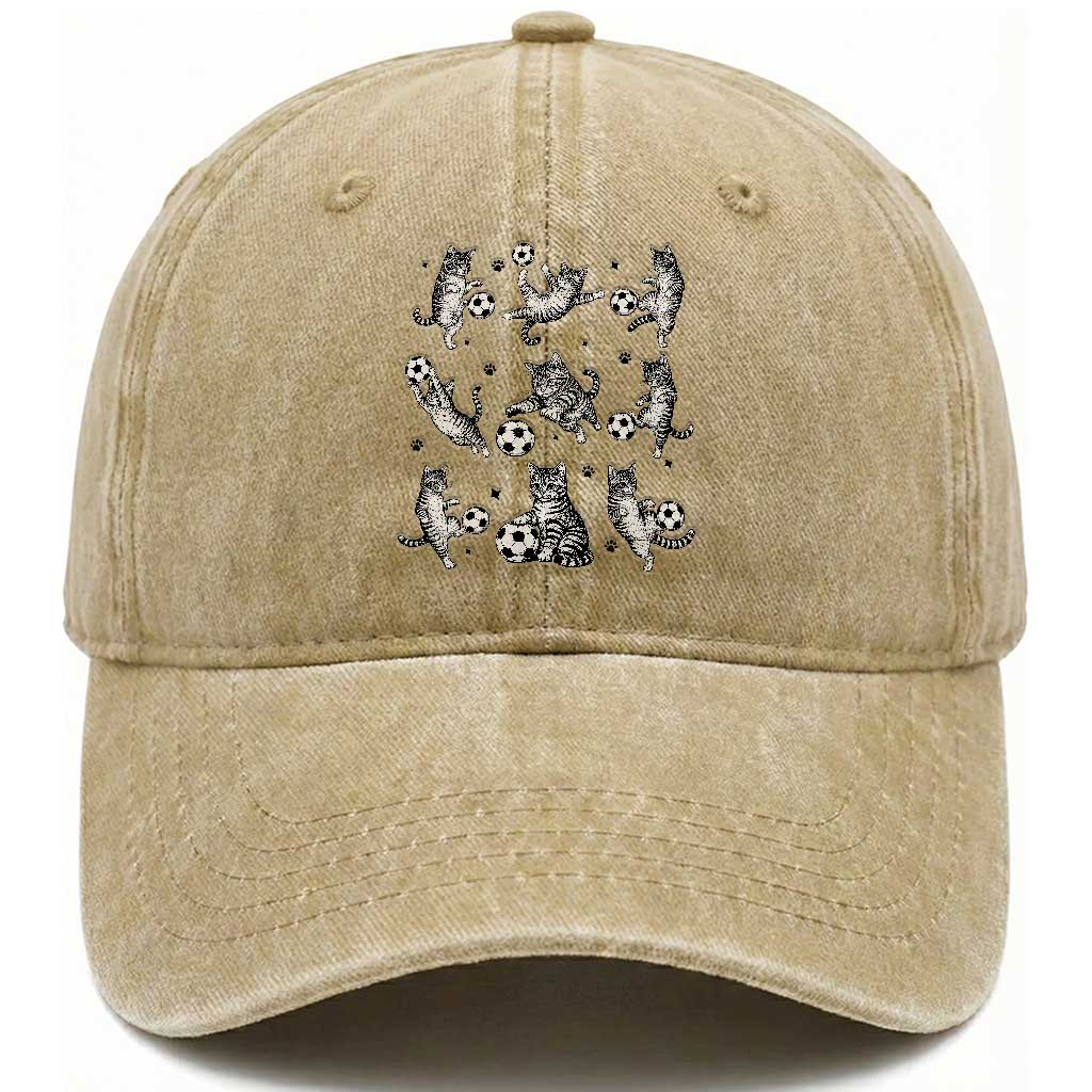 Funny Cat Soccer Player Washed Cotton Baseball Cap Gift For Soccer Lovers
