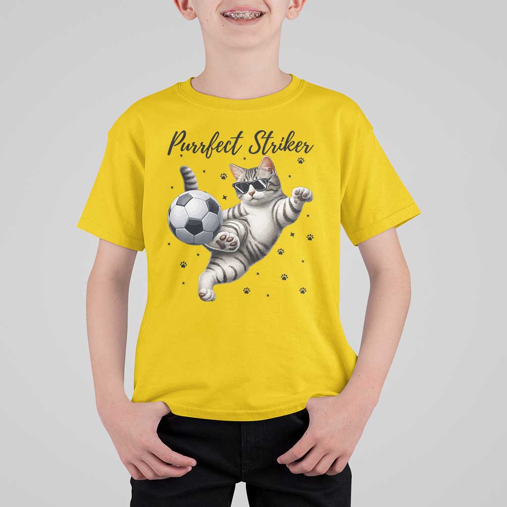 Purrfect Striker T Shirt For Kid Funny Cat Soccer Player Gift