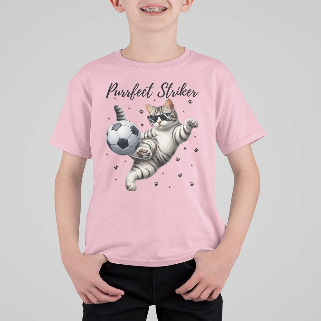 Purrfect Striker T Shirt For Kid Funny Cat Soccer Player Gift