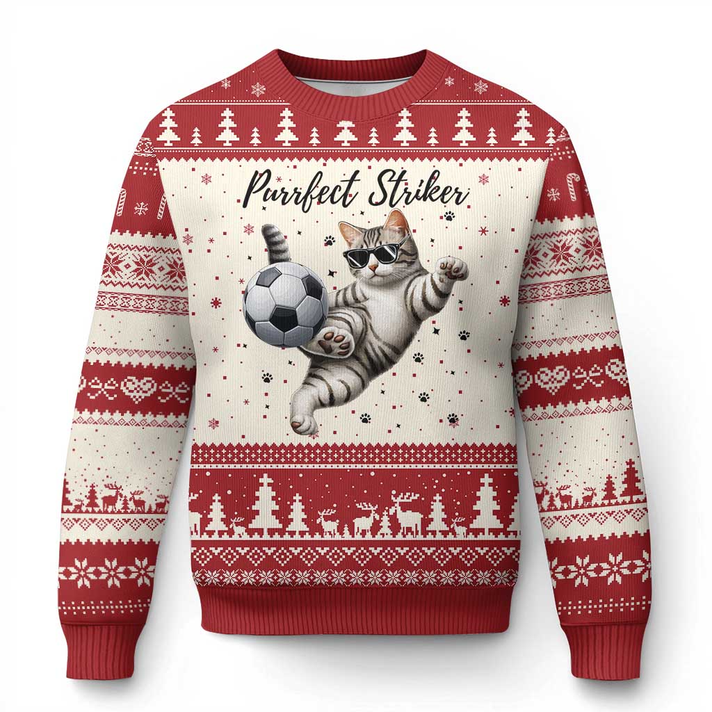 Purrfect Striker Ugly Christmas Sweater Funny Cat Soccer Player Gift