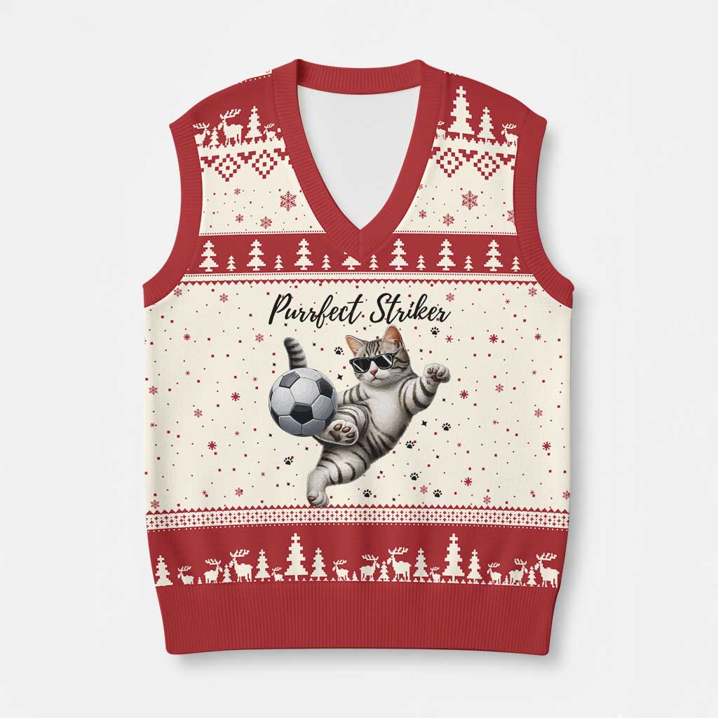 Purrfect Striker V-Neck Knit Sweater Vest Funny Cat Soccer Player Gift