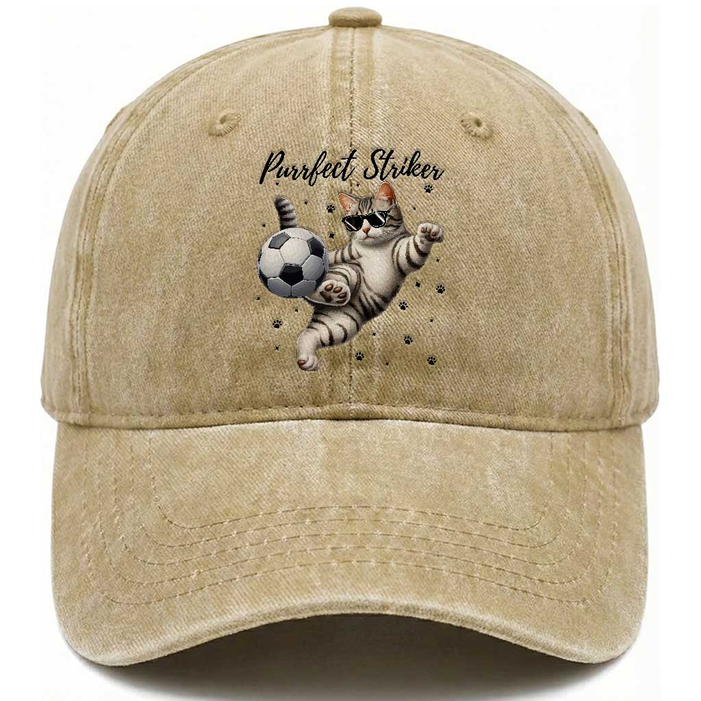 Purrfect Striker Washed Cotton Baseball Cap Funny Cat Soccer Player Gift