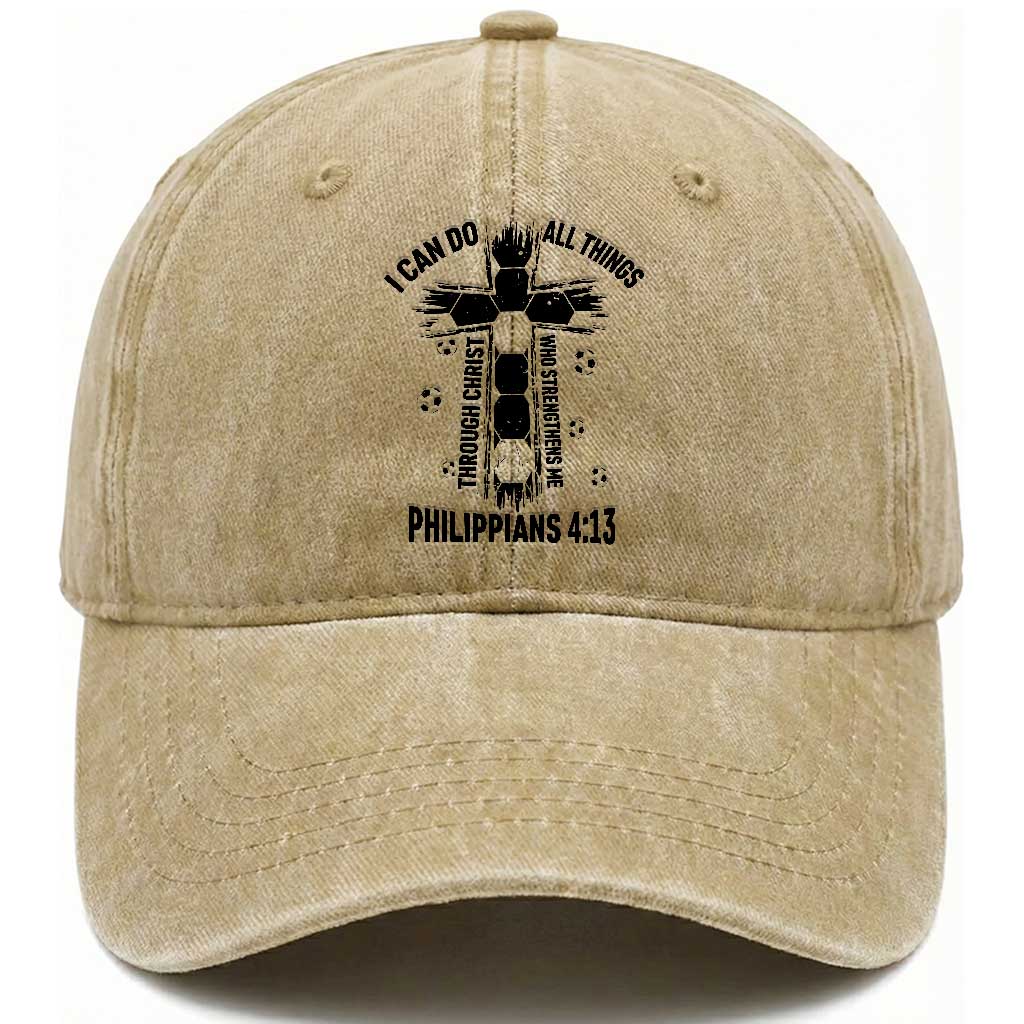 I Can Do All Things Through Christ Washed Cotton Baseball Cap Christian Soccer Faith