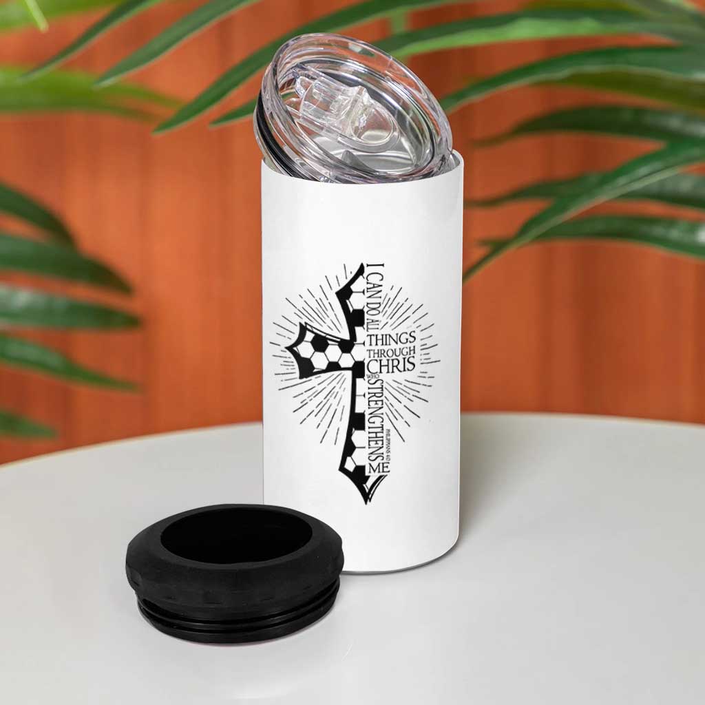 I Can Do All Things Through Christ 4 in 1 Can Cooler Tumbler Christian Soccer Cross Gift