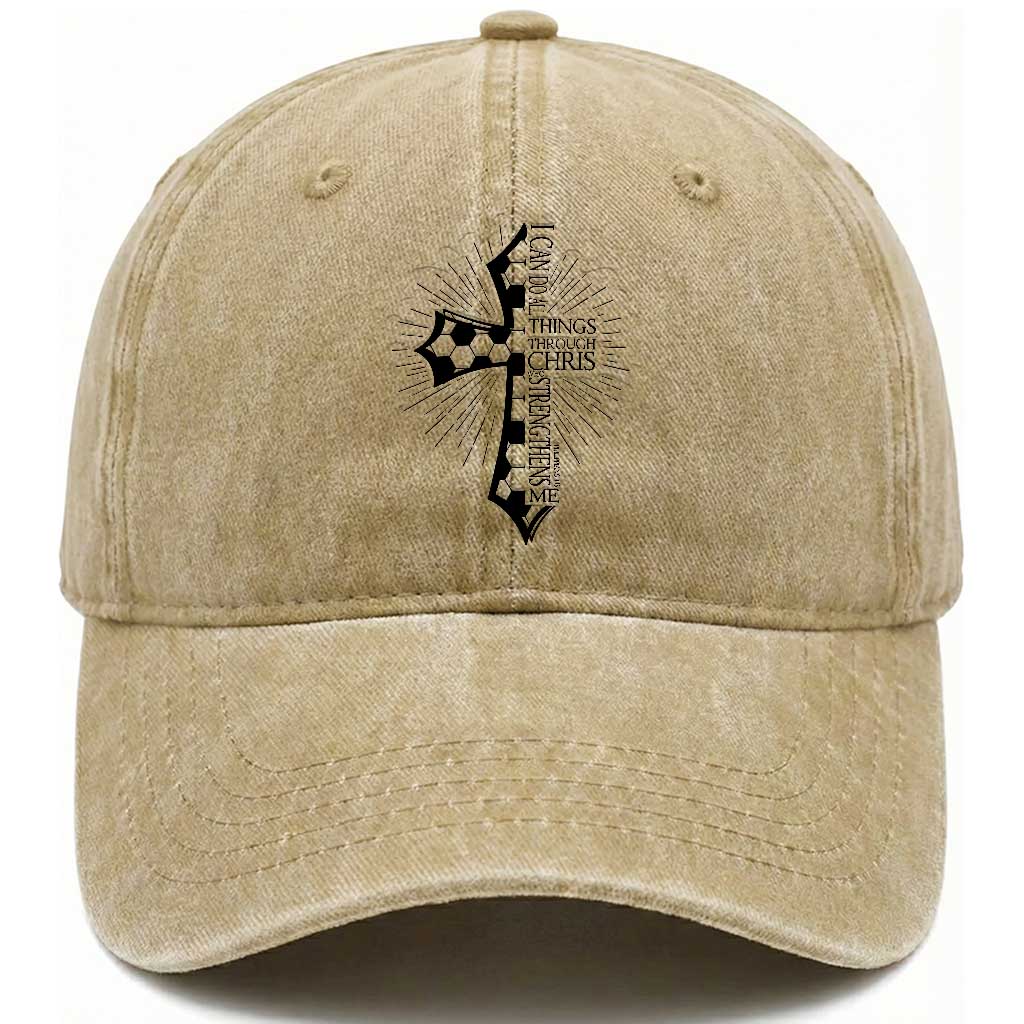 I Can Do All Things Through Christ Washed Cotton Baseball Cap Christian Soccer Cross Gift
