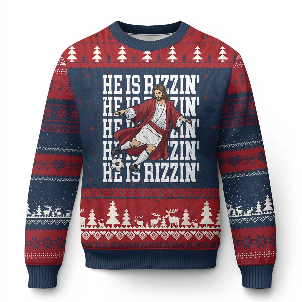 He Is Rizzin Ugly Christmas Sweater Funny Christian Soccer Lover Gift