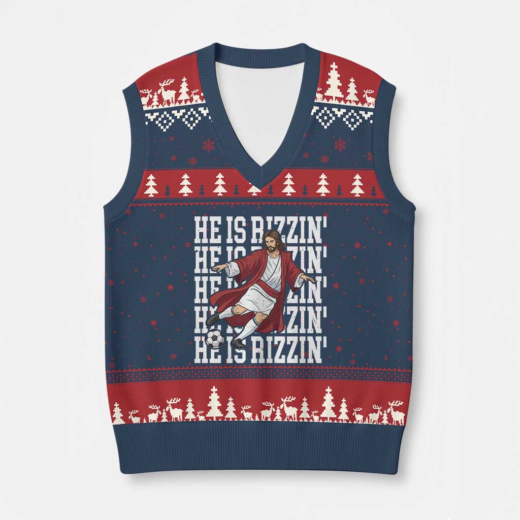 He Is Rizzin V-Neck Knit Sweater Vest Funny Christian Soccer Lover Gift