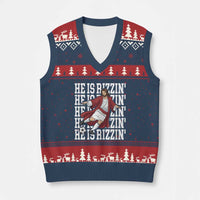 He Is Rizzin V-Neck Knit Sweater Vest Funny Christian Soccer Lover Gift