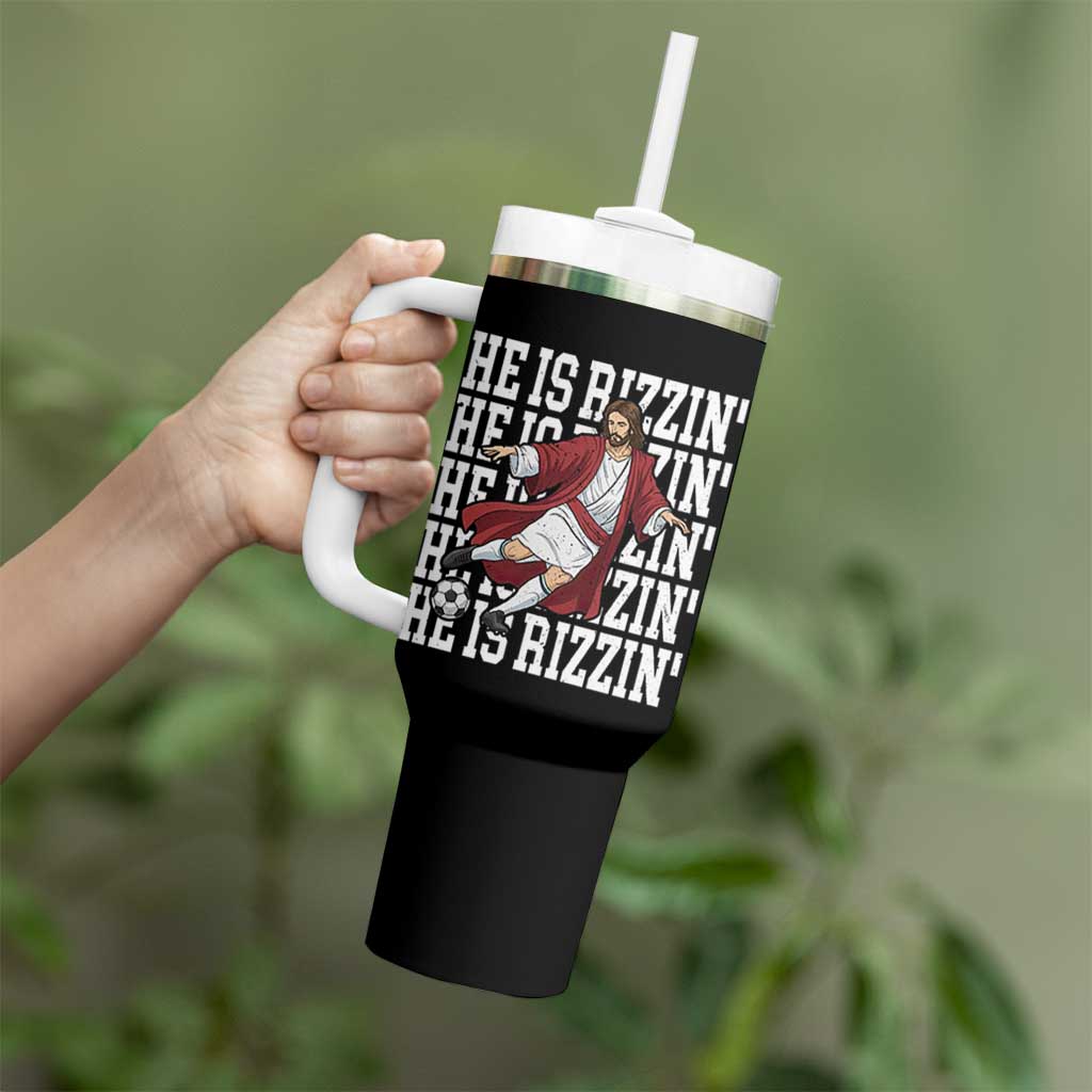 He Is Rizzin Tumbler With Handle Funny Christian Soccer Lover Gift