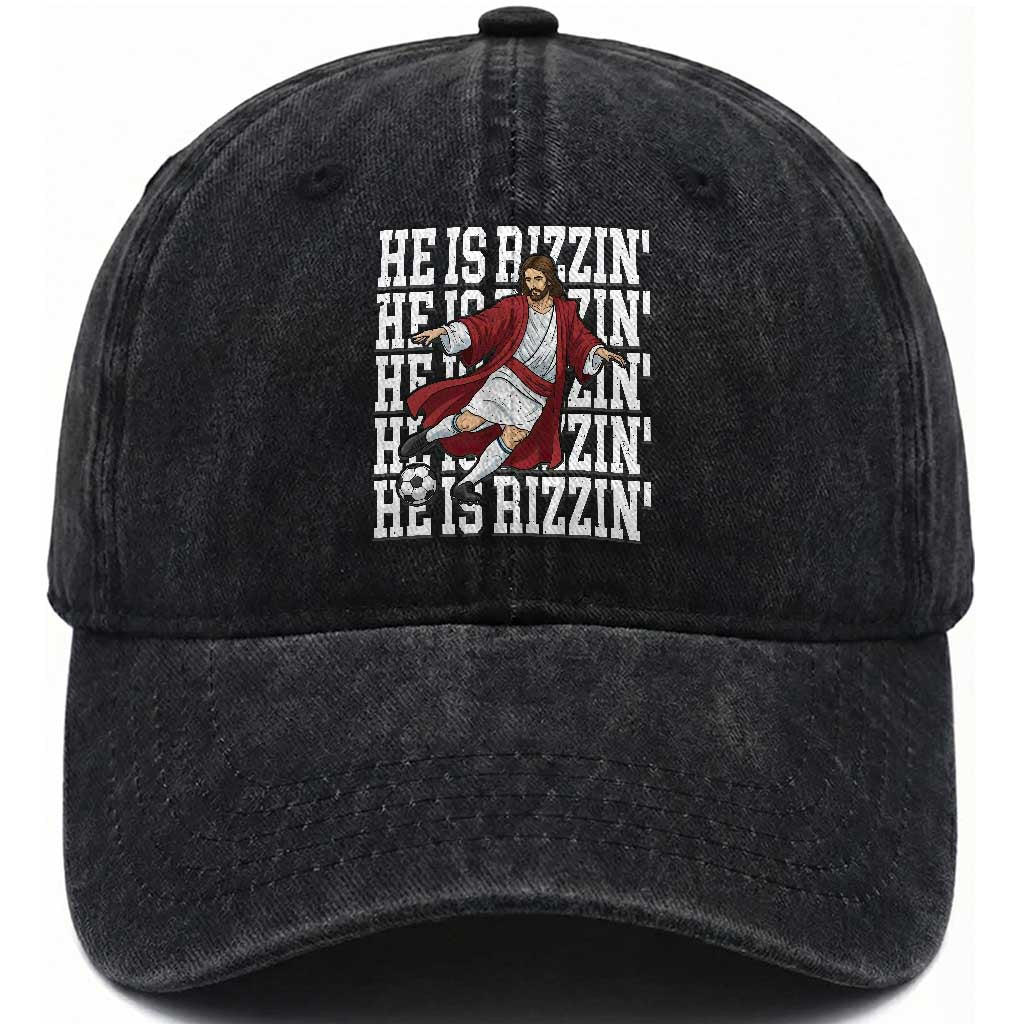 He Is Rizzin Washed Cotton Baseball Cap Funny Christian Soccer Lover Gift