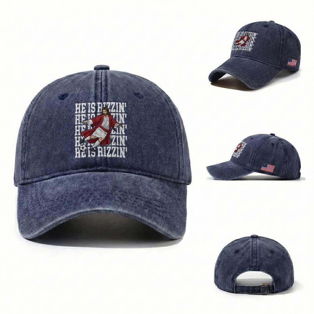He Is Rizzin Washed Cotton Baseball Cap Funny Christian Soccer Lover Gift