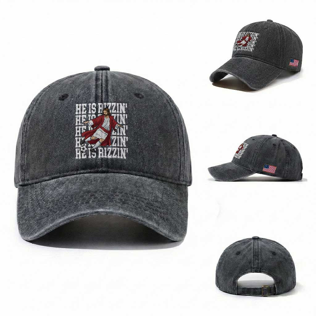 He Is Rizzin Washed Cotton Baseball Cap Funny Christian Soccer Lover Gift