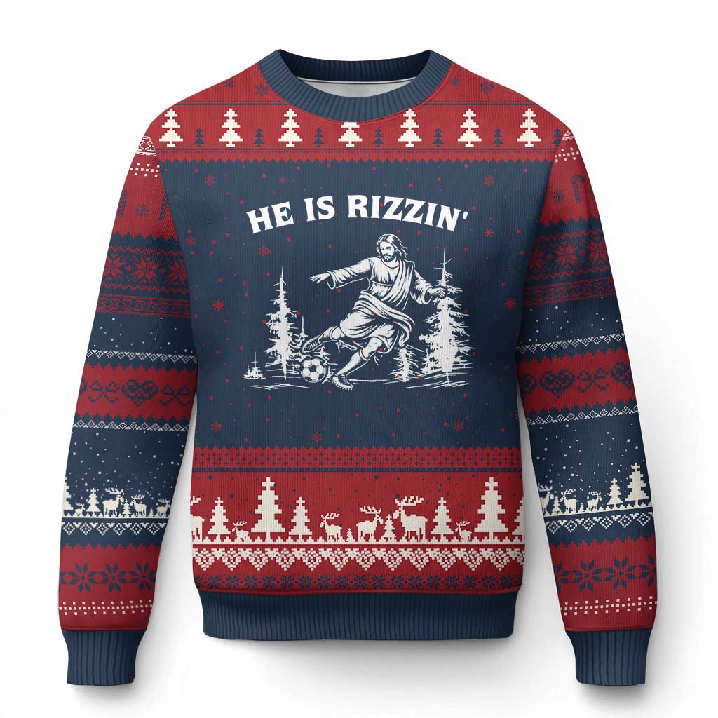 He Is Rizzin Ugly Christmas Sweater Christian Soccer Funny Gift For Believers
