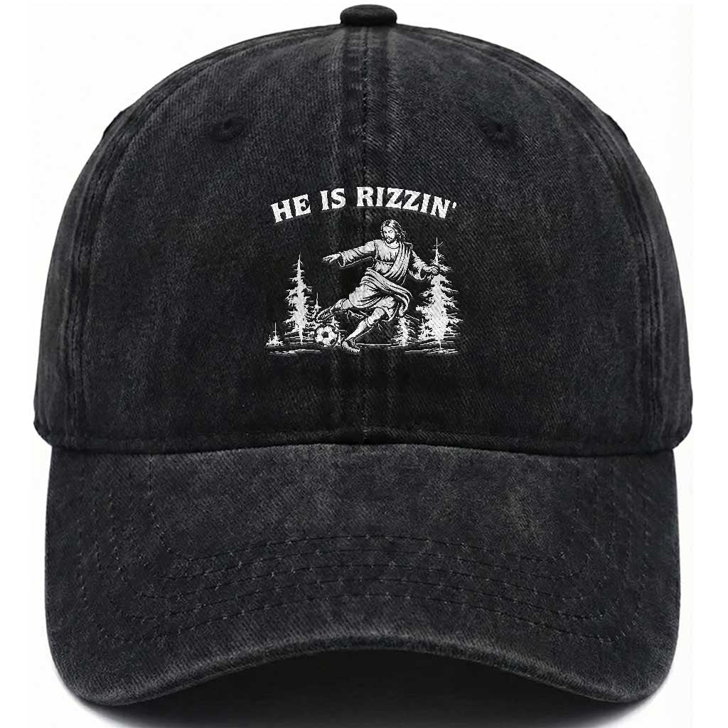 He Is Rizzin Washed Cotton Baseball Cap Christian Soccer Funny Gift For Believers