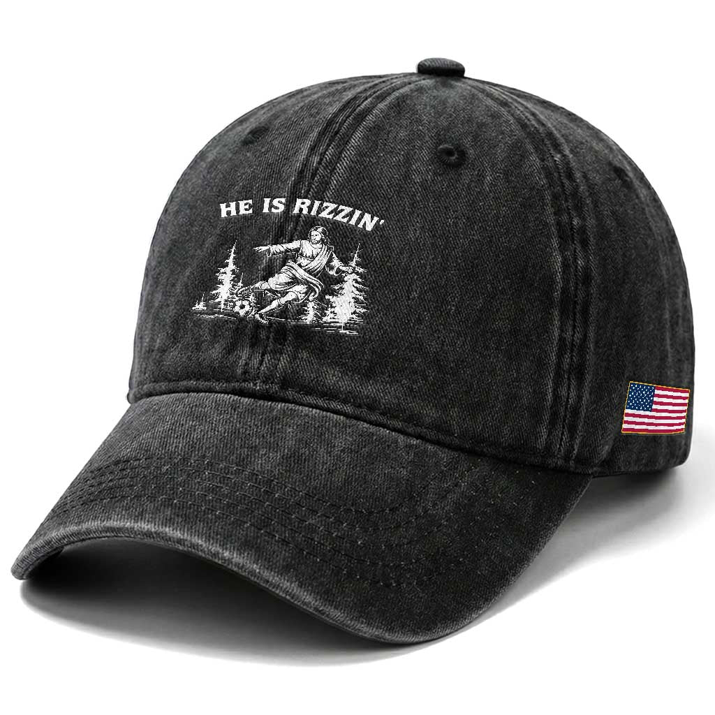 He Is Rizzin Washed Cotton Baseball Cap Christian Soccer Funny Gift For Believers
