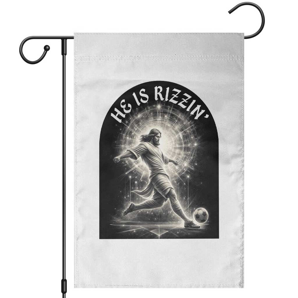 He Is Rizzin Garden Flag Funny Christian Faith Soccer Player Gift