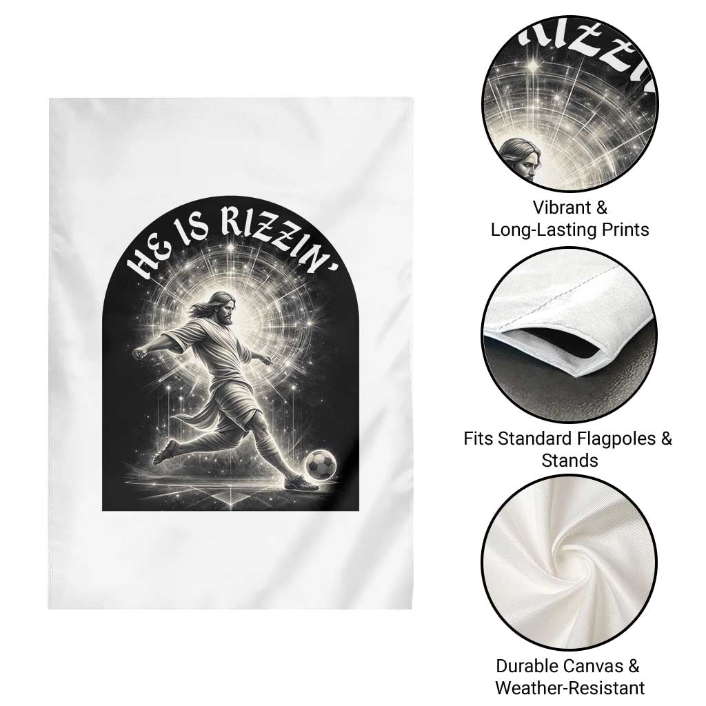 He Is Rizzin Garden Flag Funny Christian Faith Soccer Player Gift