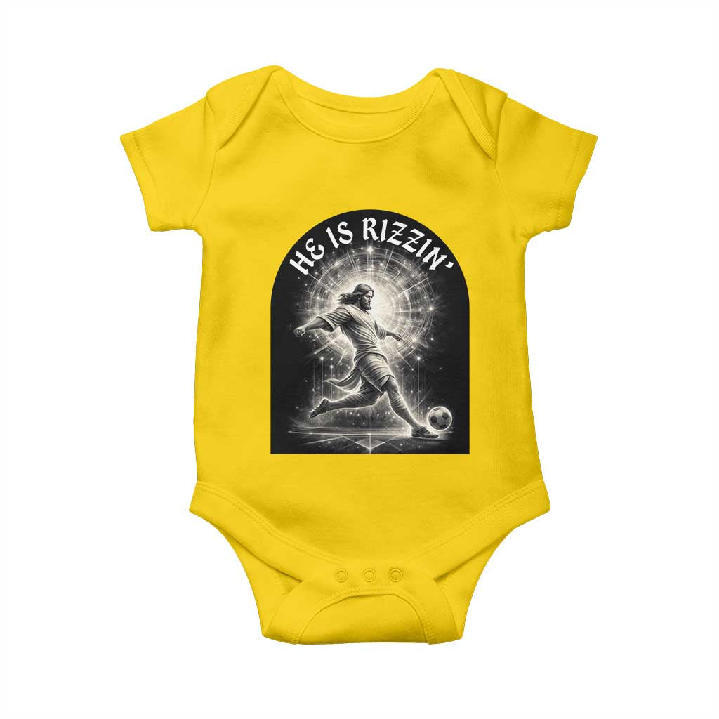 He Is Rizzin Baby Onesie Funny Christian Faith Soccer Player Gift
