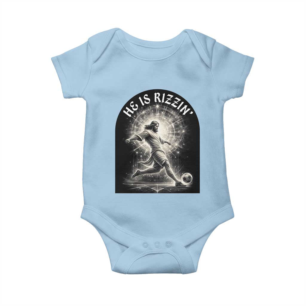 He Is Rizzin Baby Onesie Funny Christian Faith Soccer Player Gift