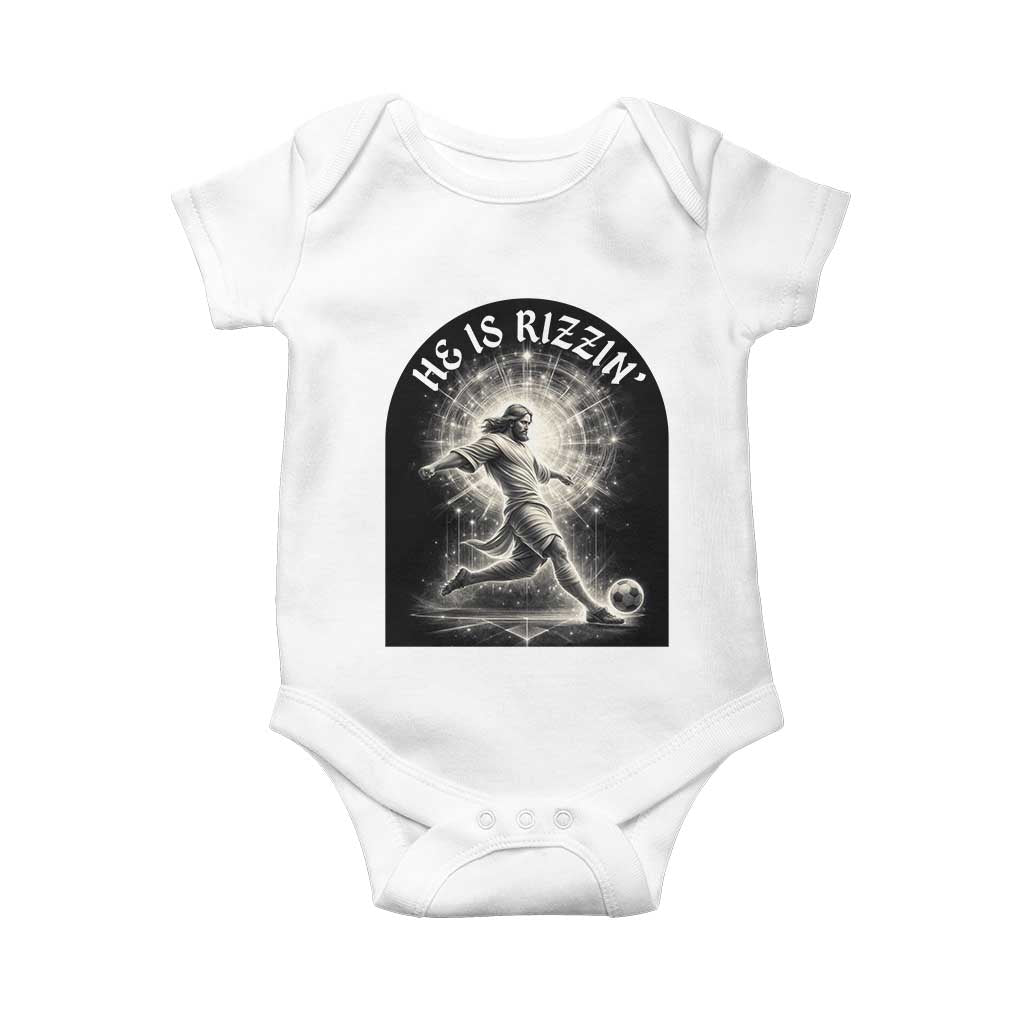He Is Rizzin Baby Onesie Funny Christian Faith Soccer Player Gift