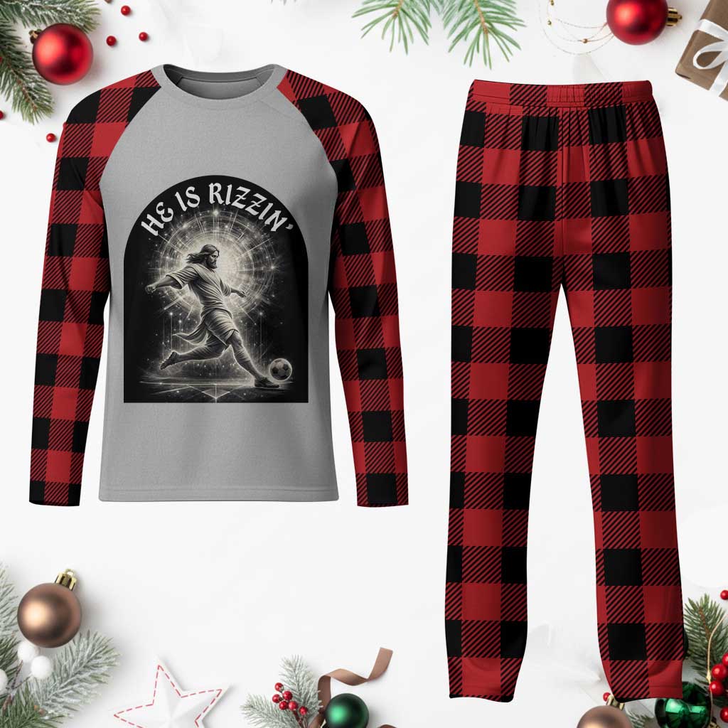 He Is Rizzin Plaid Pajama Set Funny Christian Faith Soccer Player Gift