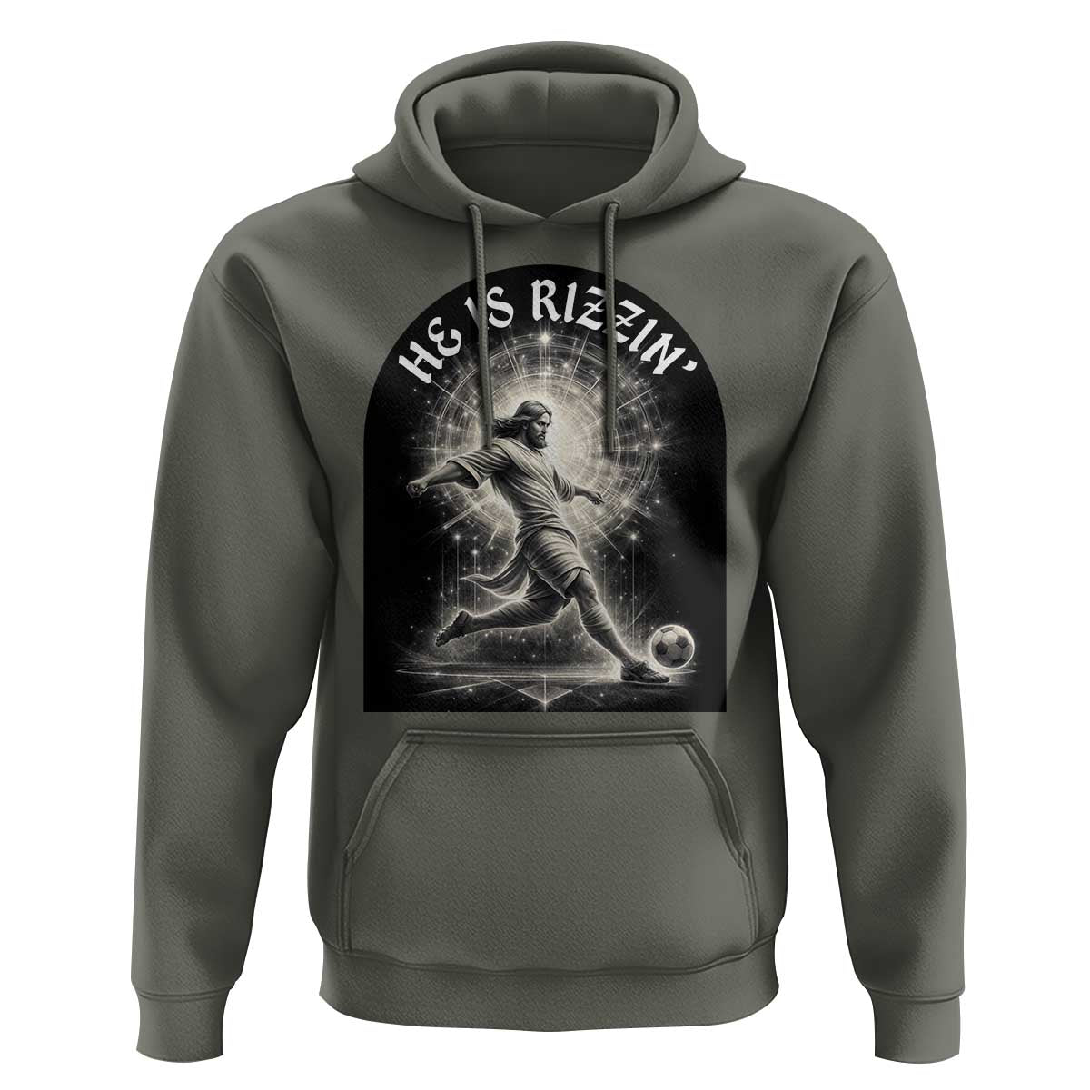 He Is Rizzin Hoodie Funny Christian Faith Soccer Player Gift