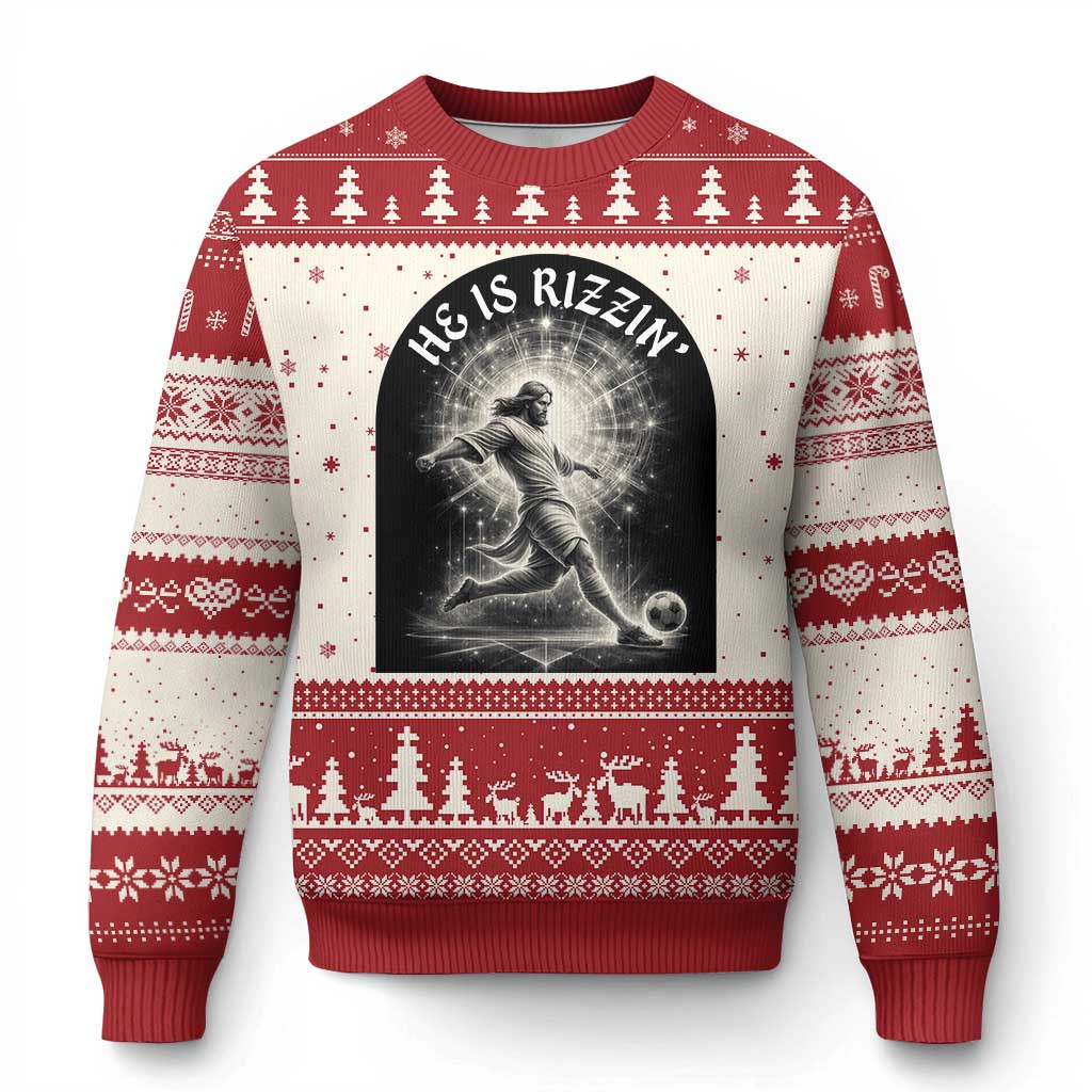 He Is Rizzin Ugly Christmas Sweater Funny Christian Faith Soccer Player Gift