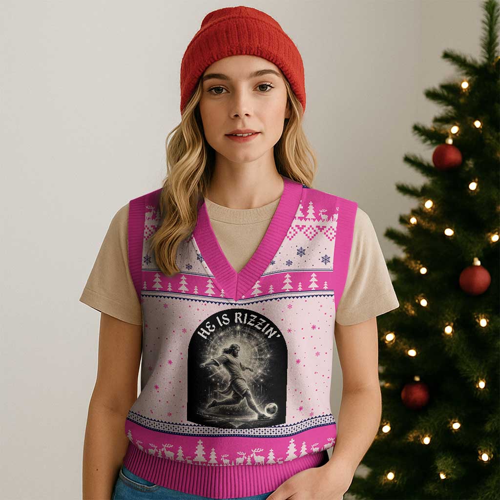 He Is Rizzin V-Neck Knit Sweater Vest Funny Christian Faith Soccer Player Gift