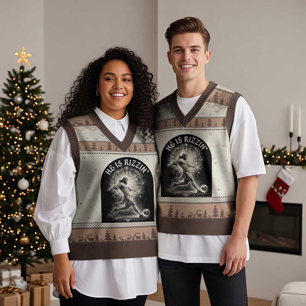 He Is Rizzin V-Neck Knit Sweater Vest Funny Christian Faith Soccer Player Gift