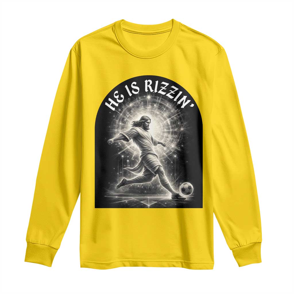 He Is Rizzin Long Sleeve Shirt Funny Christian Faith Soccer Player Gift