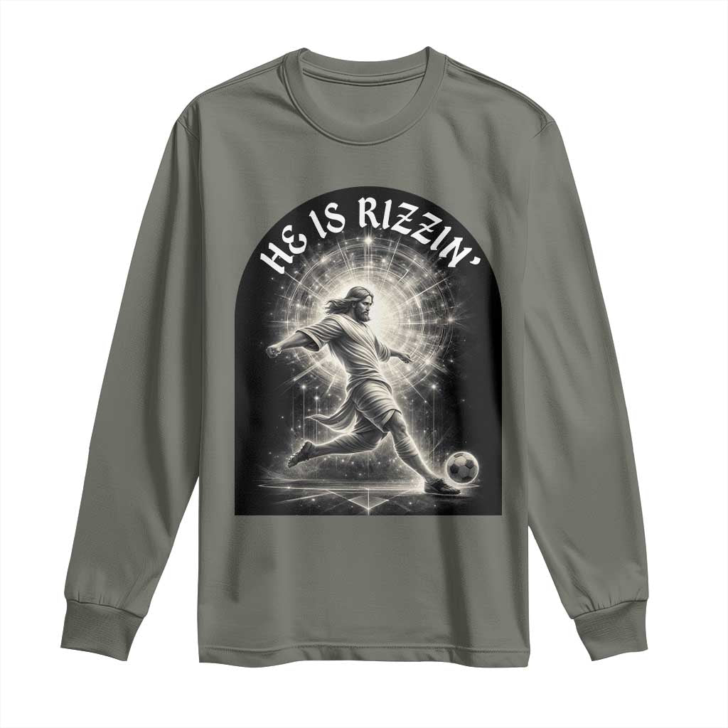 He Is Rizzin Long Sleeve Shirt Funny Christian Faith Soccer Player Gift