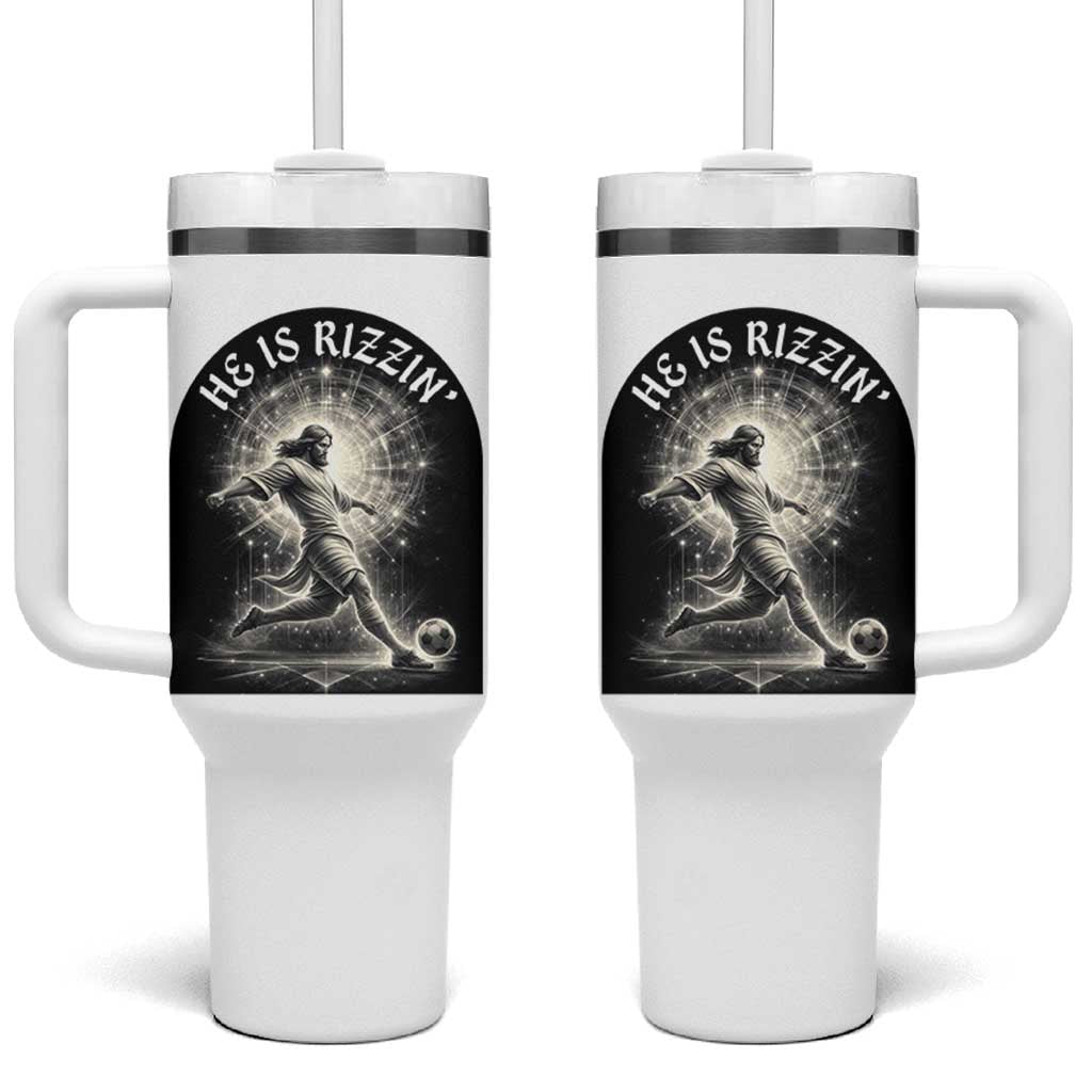 He Is Rizzin Tumbler With Handle Funny Christian Faith Soccer Player Gift