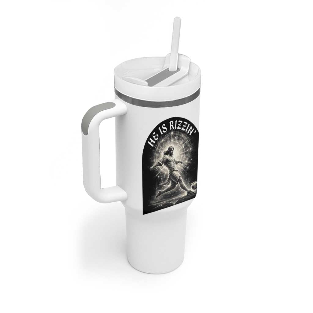He Is Rizzin Tumbler With Handle Funny Christian Faith Soccer Player Gift