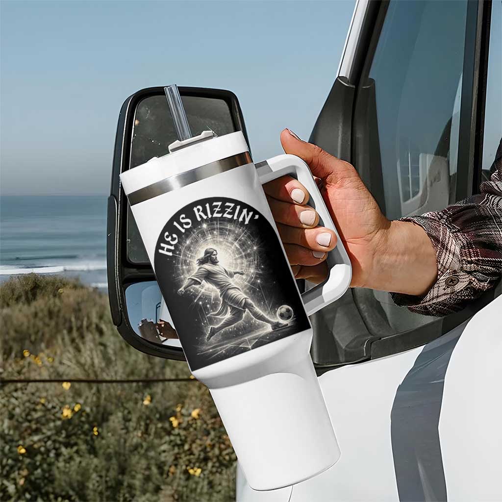 He Is Rizzin Tumbler With Handle Funny Christian Faith Soccer Player Gift
