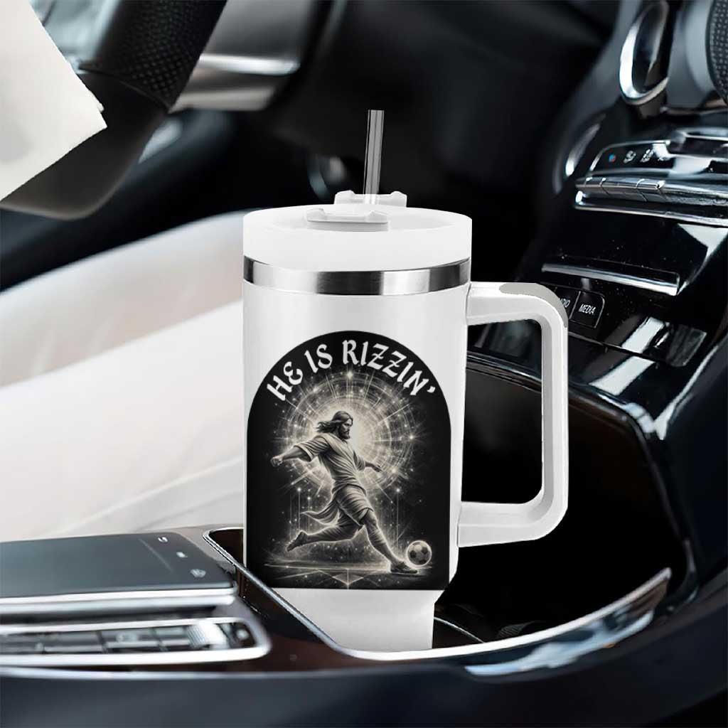 He Is Rizzin Tumbler With Handle Funny Christian Faith Soccer Player Gift