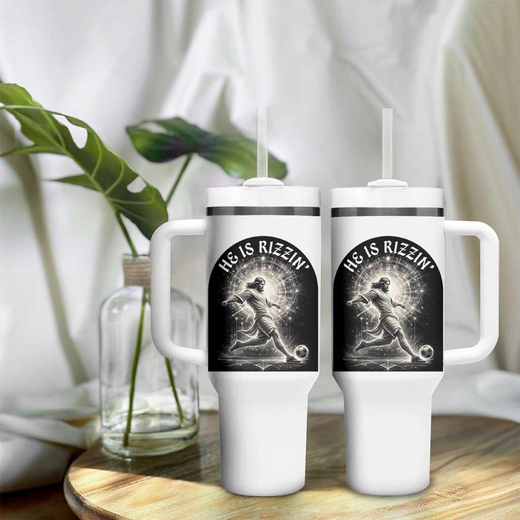 He Is Rizzin Tumbler With Handle Funny Christian Faith Soccer Player Gift