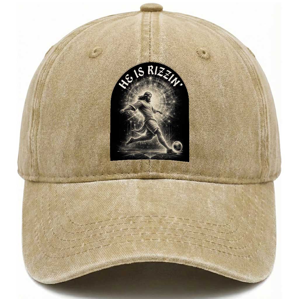He Is Rizzin Washed Cotton Baseball Cap Funny Christian Faith Soccer Player Gift
