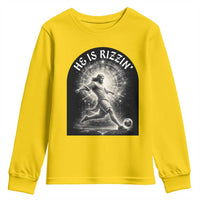 He Is Rizzin Youth Sweatshirt Funny Christian Faith Soccer Player Gift