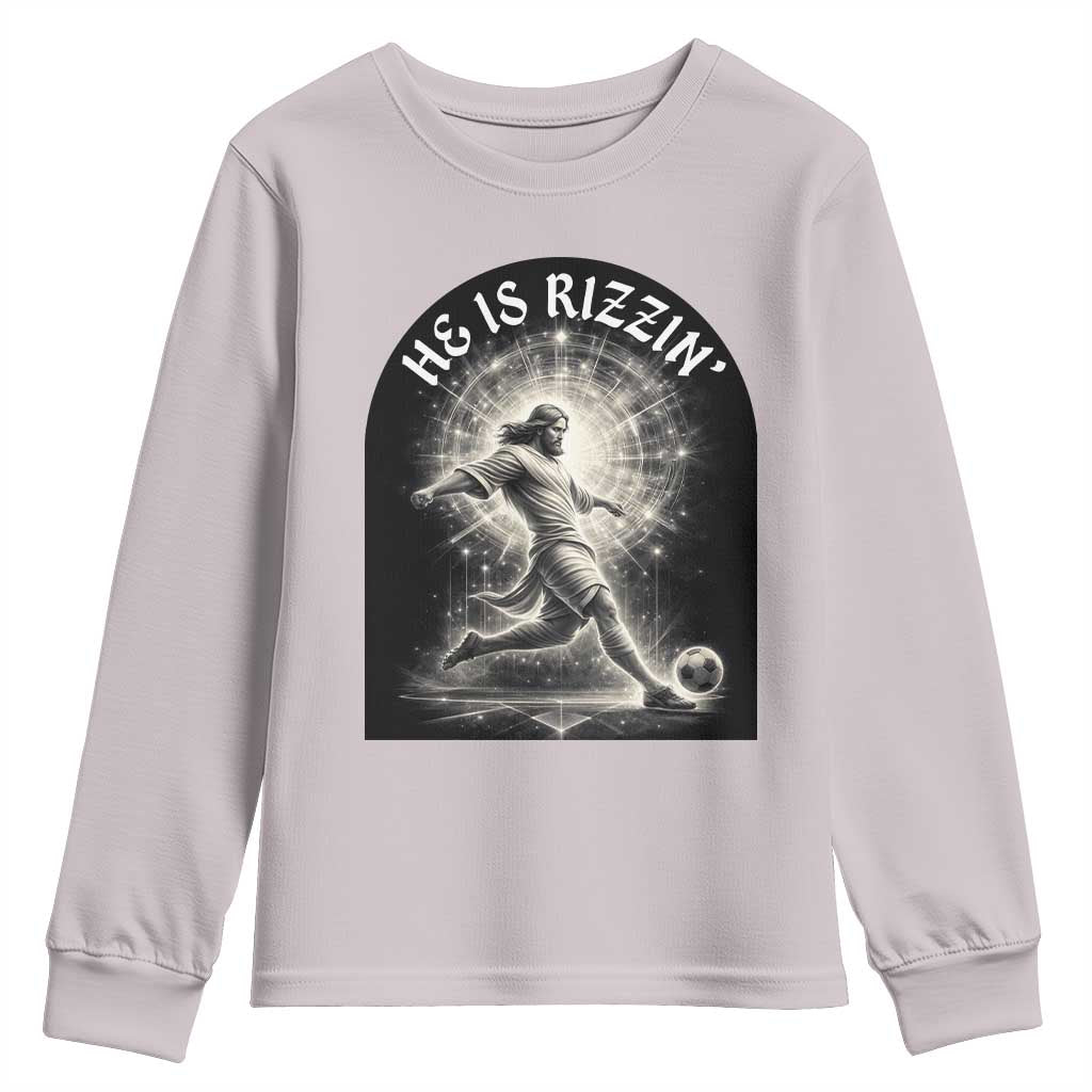 He Is Rizzin Youth Sweatshirt Funny Christian Faith Soccer Player Gift