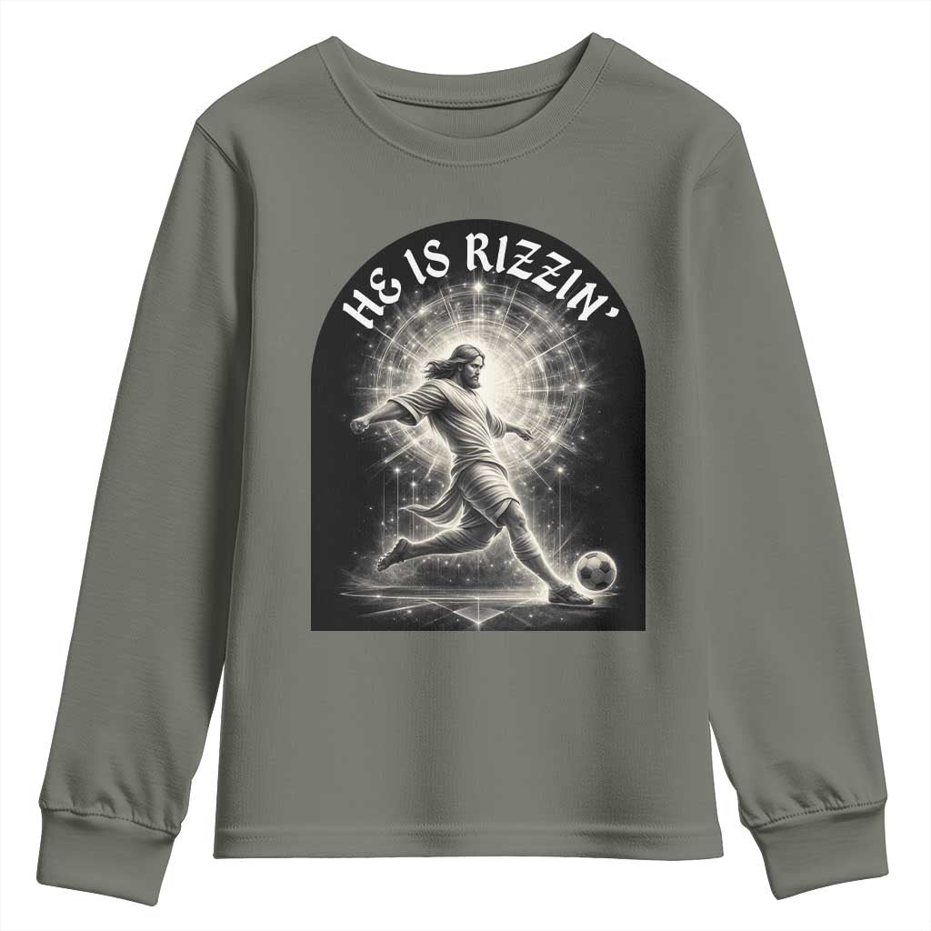 He Is Rizzin Youth Sweatshirt Funny Christian Faith Soccer Player Gift