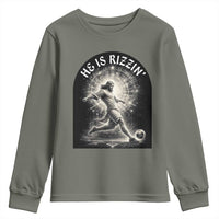 He Is Rizzin Youth Sweatshirt Funny Christian Faith Soccer Player Gift