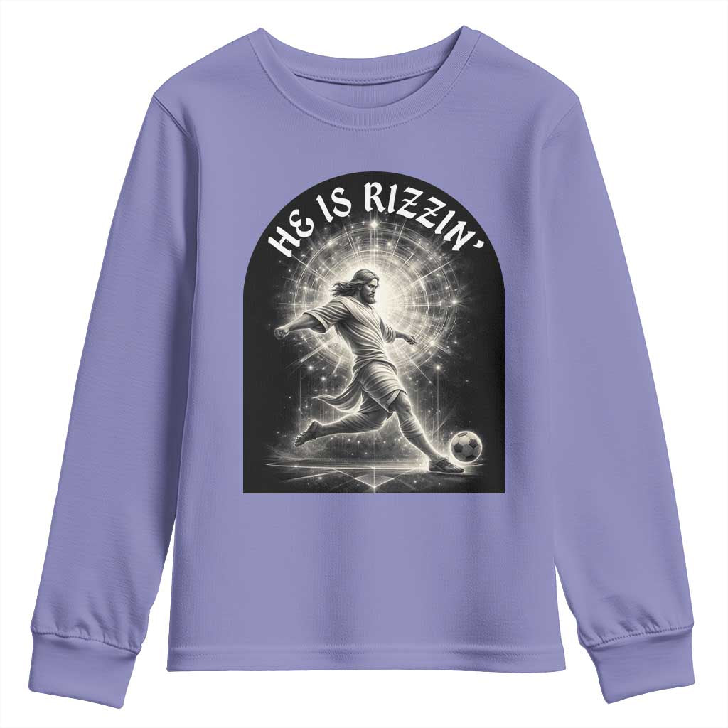 He Is Rizzin Youth Sweatshirt Funny Christian Faith Soccer Player Gift