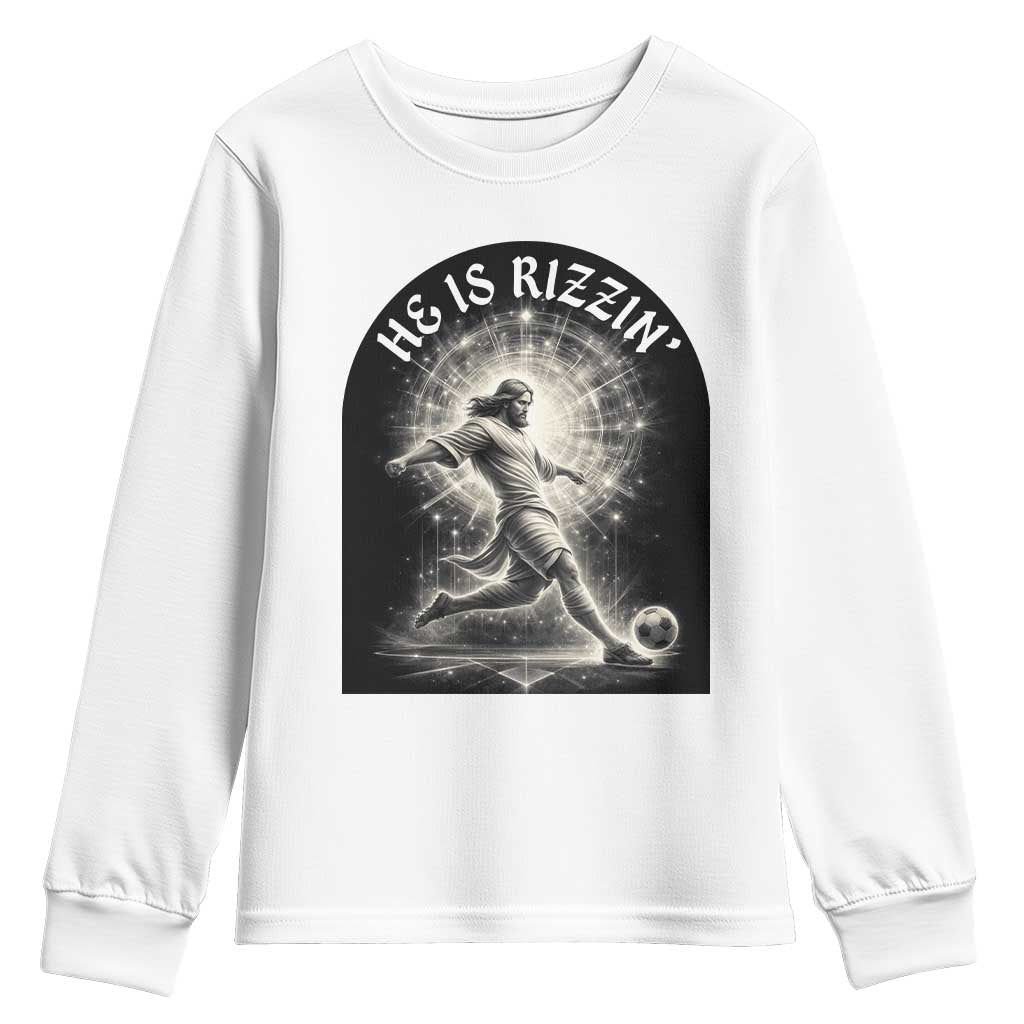 He Is Rizzin Youth Sweatshirt Funny Christian Faith Soccer Player Gift