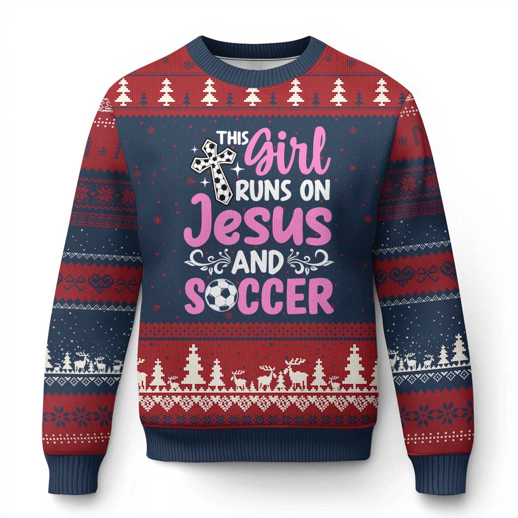This Girl Runs On Jesus And Soccer Ugly Christmas Sweater Christian Soccer Mom