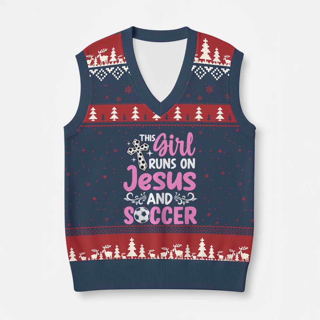This Girl Runs On Jesus And Soccer V-Neck Knit Sweater Vest Christian Soccer Mom
