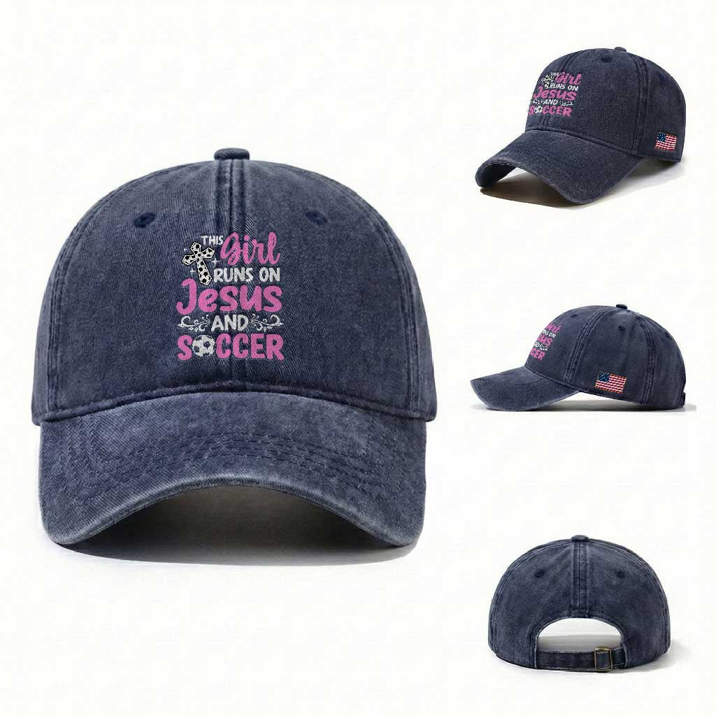 This Girl Runs On Jesus And Soccer Washed Cotton Baseball Cap Christian Soccer Mom