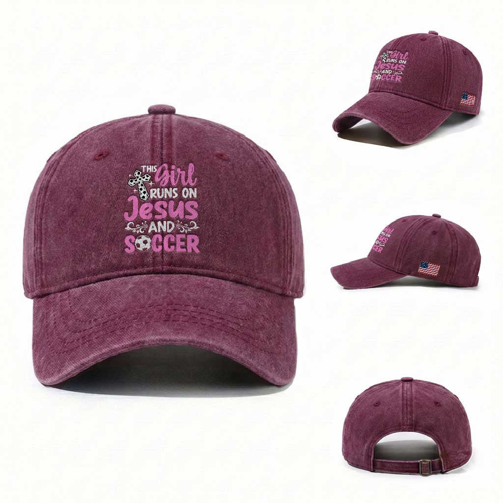 This Girl Runs On Jesus And Soccer Washed Cotton Baseball Cap Christian Soccer Mom