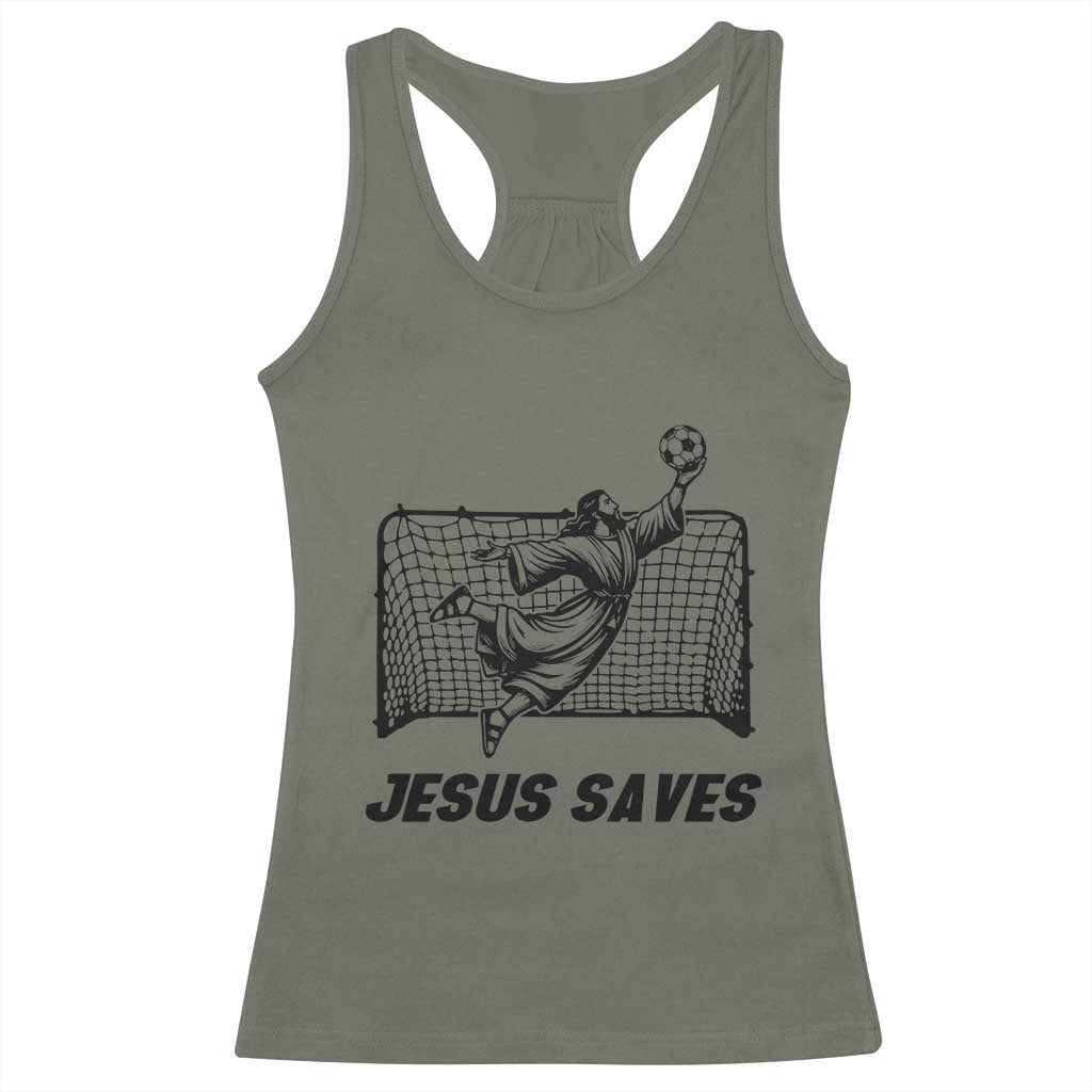 Jesus Saves Racerback Tank Top Funny Christian Soccer Goalie